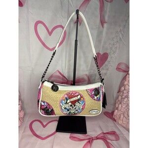 NEW Ed Hardy pink and Straw Shoulder Handbag with crossbody strap